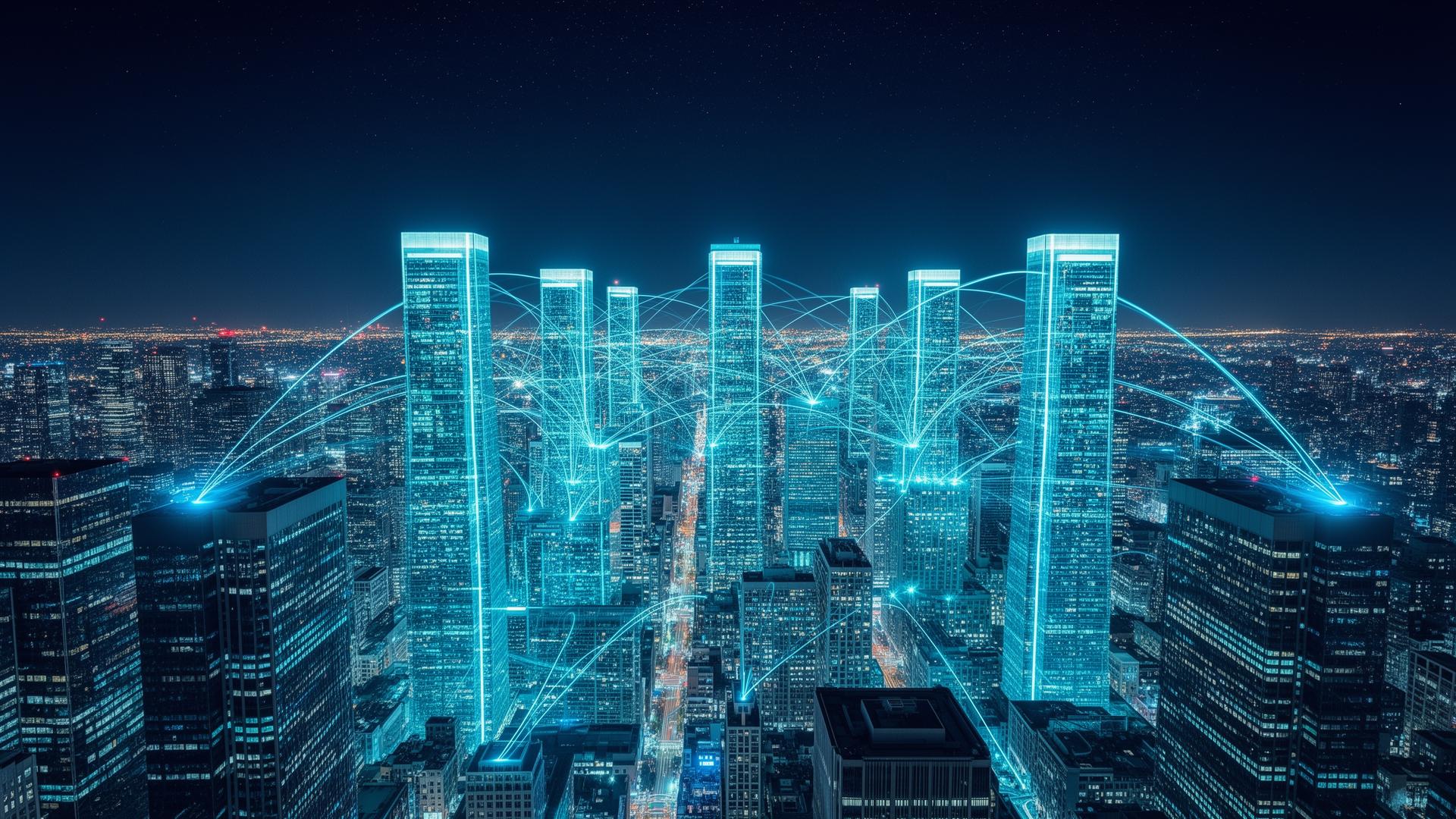 Night city skyline with network connections